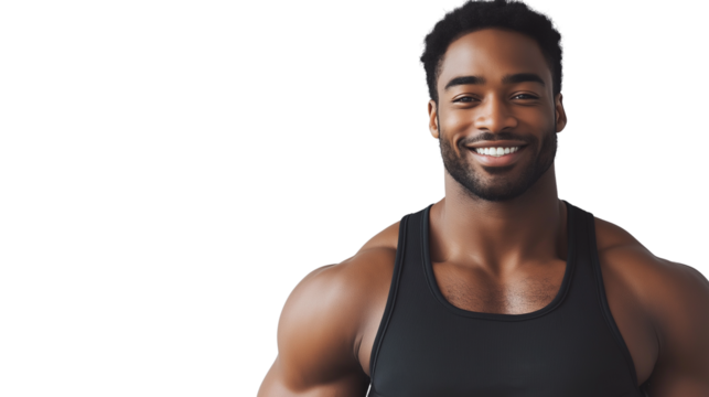 Athletic man in sleeveless summer training top, smiling after workout, natural lighting, white background, PNG