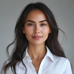 Fototapeta premium Hispanic female employee. ID photo, ID card, employee ID card. Passport photo. Studio background. AI generated.