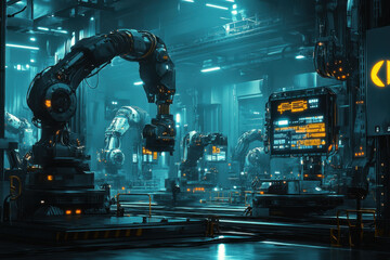 Robot in factory, operating large machine.