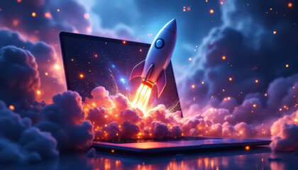 Sleek rocket blasting off from an open laptop screen, symbolizing a groundbreaking startup launch, innovative business concept