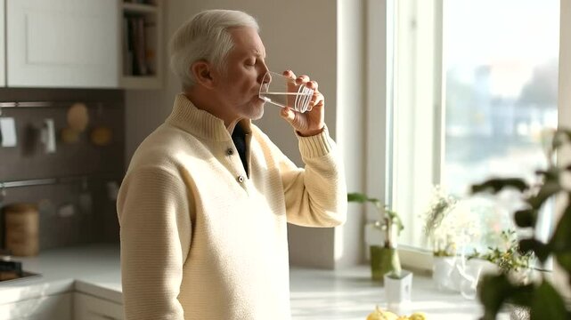 1_Patient taking oral medication at home in sunny kitchen