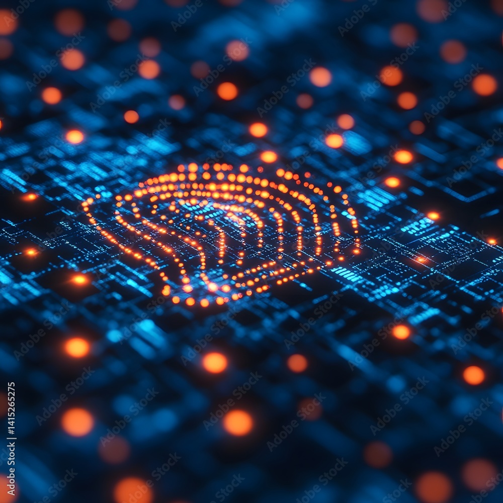 Aufkleber A digital fingerprint, glowing orange on a blue circuit board. Represents biometric security. Futuristic Technology Backgrounds Abstract Digital Circuit Board: Glowing Network