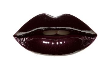 Glossy, dark purple lips parted slightly to reveal the teeth, isolated on a stark transparent background