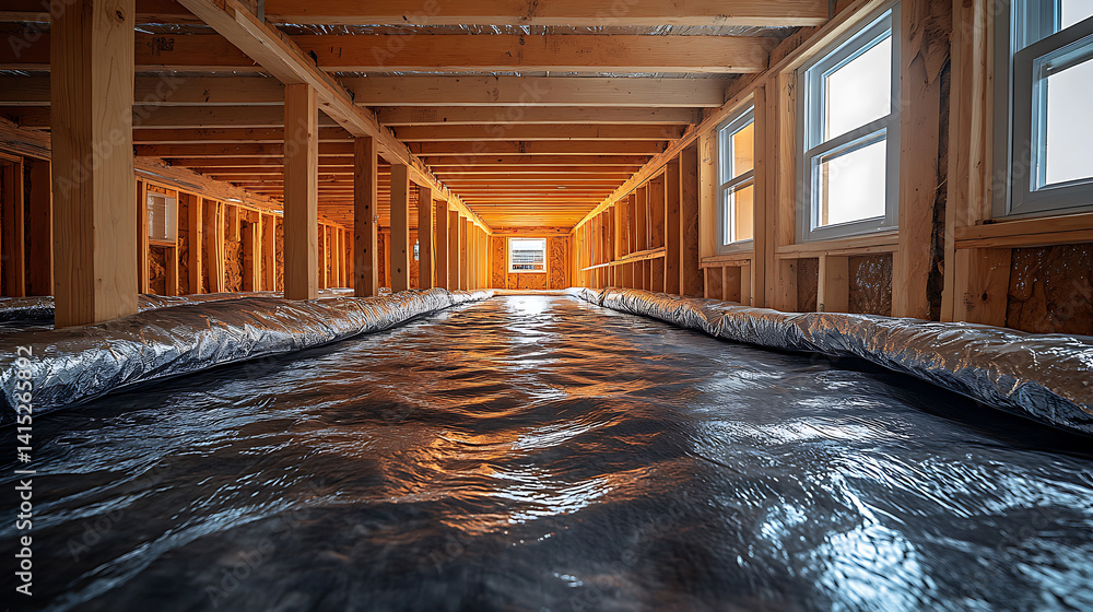 Poster an inside view of a home under construction, showing the unfinished structural framework with a low-