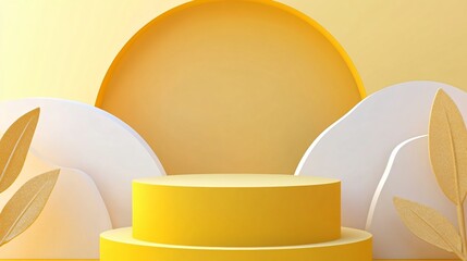 Yellow podium with abstract circular shapes and sunny lighting for modern product display