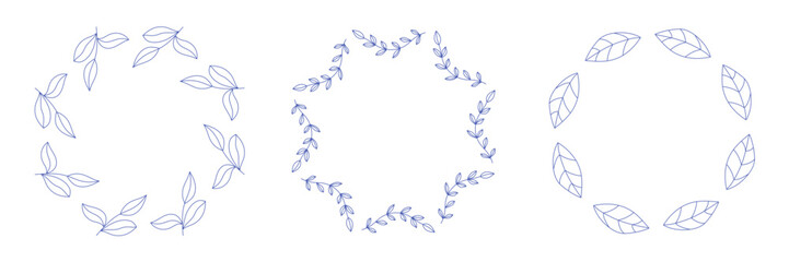 Mediterranean blue olive branches circle frame set. Hand drawn round line border, leaves and flowers, wedding invitation and cards, logo design and posters template. Elegant minimal style floral set