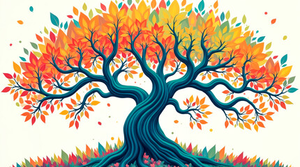 Obraz premium Colorful tree with leaves on hanging branches illustration background. 3d abstraction wallpaper for interior mural wall art decor. Floral tree with multicolor leaves