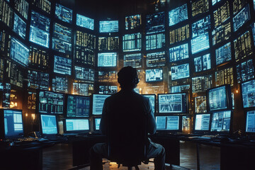 Man monitoring screens in dark room.