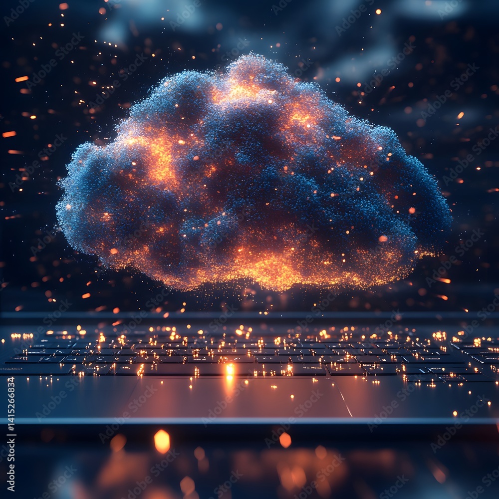Poster abstract digital art depicting a glowing cloud above a laptop keyboard, symbolizing cloud computing 