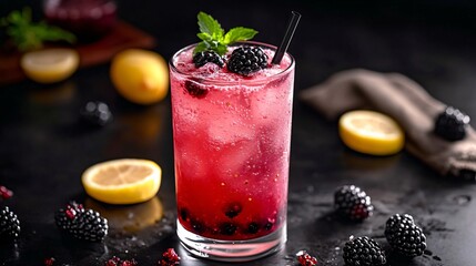 Refreshing pink berry cocktail with mint and citrus on dark background for beverage advertising and menu design