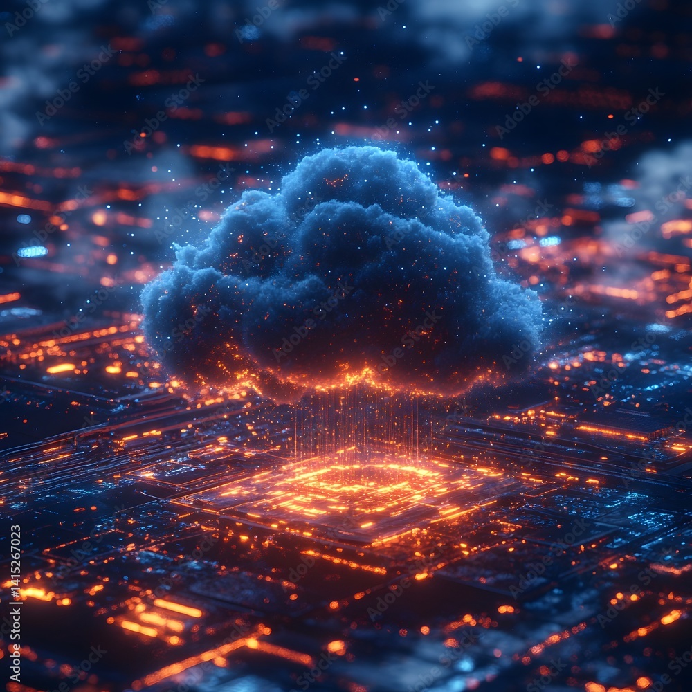 Fototapete Abstract visualization of cloud computing, data raining down onto a glowing circuit board. Futuristic Technology Backgrounds Digital Rain: Cloud Computing Visualization