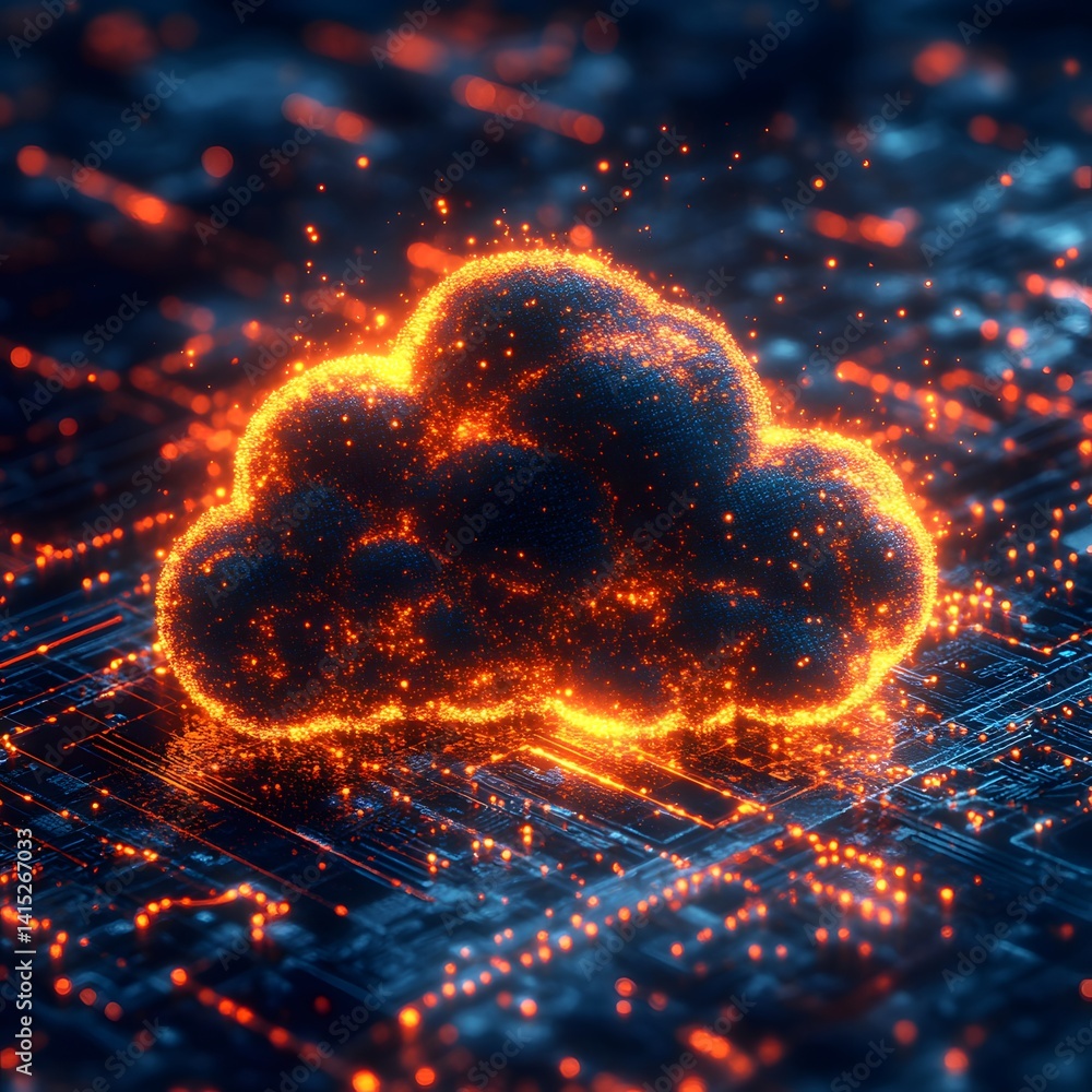 Poster glowing cloud symbol over circuit board. represents cloud computing, data storage, and digital trans