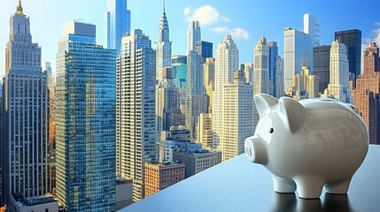 Piggy bank in front of a cityscape, symbolizing saving and investing