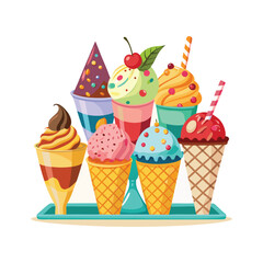 Variety of delicious ice cream cones and sundaes with different flavors and toppings on a tray