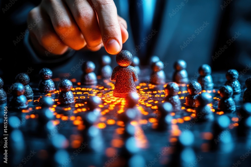 Poster hand selecting unique figure from group of similar figures symbolizing leadership, choice, and disti