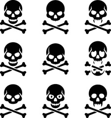 Collection Of Black Skull And Crossbones Vector Illustrations On White Background