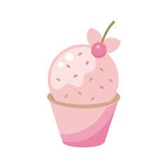 Pink ice cream with cherry on top in a pink cone
