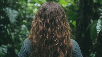Woman's wavy hair in a lush green forest