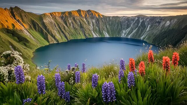 Scenic crater lake nestled in mountains, vibrant wildflowers in foreground