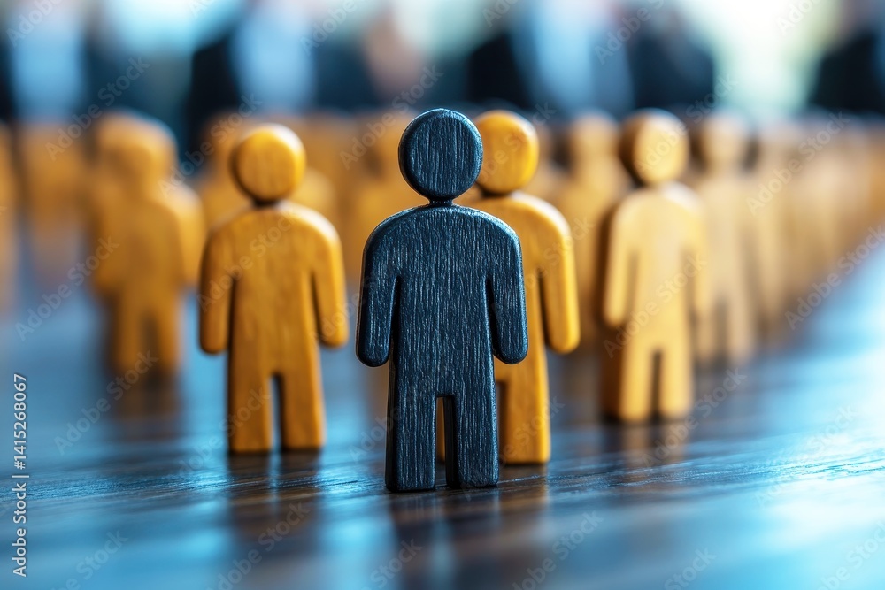 Poster diverse wooden figures representing individuality and unity in a group setting, emphasizing leadersh