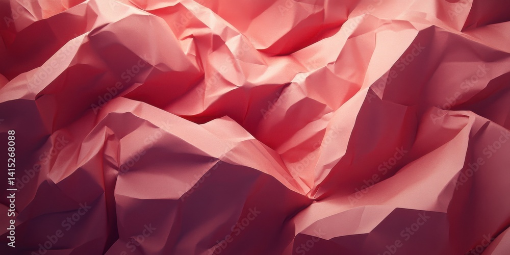 Poster textured pink paper surface with intricate folds and creases capturing light in a dynamic and abstra