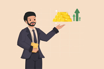 Businessman Presenting Stacked Gold Bars with Upward Arrows Symbolizing Investment Growth and Financial Success.