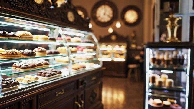 Cozy atmosphere in a bustling dessert shop filled with delectable treats and warm light