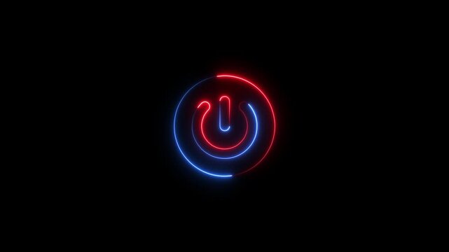 Glowing neon power button icon isolated on black background. HD Video motion graphic animation