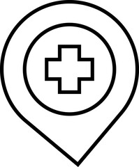 Location marker icon with medical cross inside double circles, indicating healthcare services or hospitals on a map – Transparent Background.