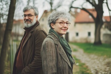 Fototapeta premium Couple enjoying a leisurely stroll in a serene park during early spring afternoon