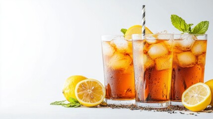 Fototapeta premium Two glasses of iced tea with lemon slices and mint, on a white background.