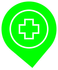 Location marker icon with medical cross inside double circles, indicating healthcare services or hospitals on a map – Transparent Background.