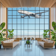 Modern Airport Lounge with Scenic View of Airplane Overhead