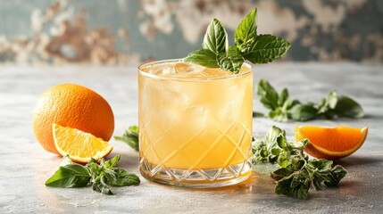 Fototapeta premium Refreshing orange cocktail garnished with mint, served in a rocks glass on a textured surface.