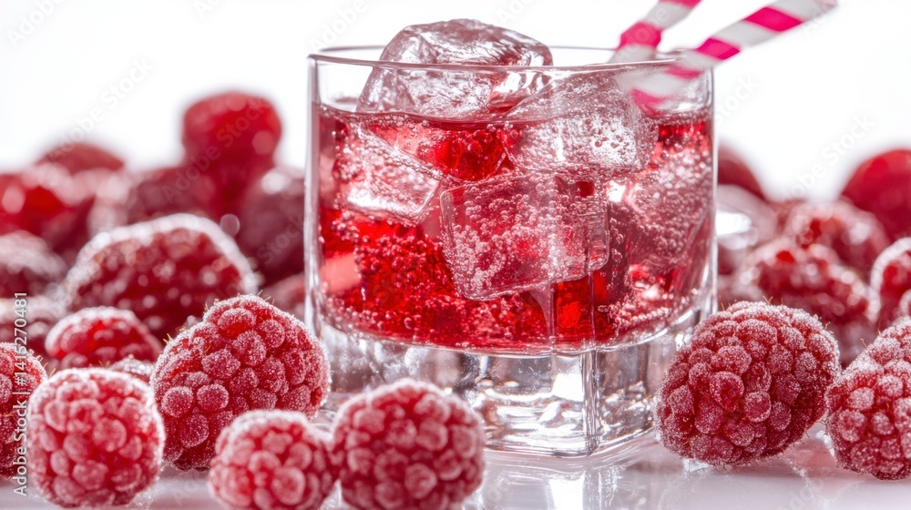 Poster close up of a refreshing raspberry drink with ice cubes in a glass, surrounded by frozen raspberries