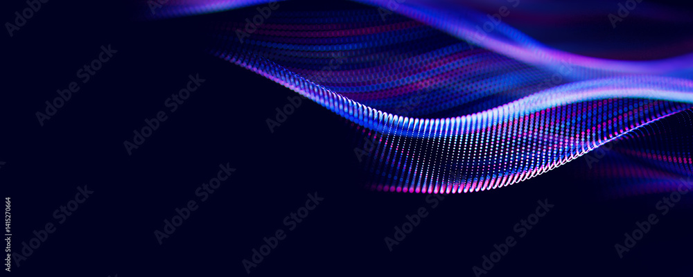 Poster Abstract wave of particles. Big data digital flow concept. LLM learning process, AI technology. Quantum computing. with place for text