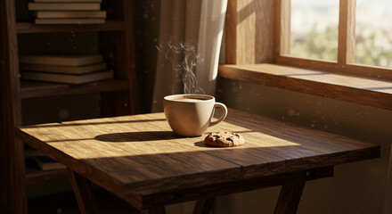 Cozy Coffee Break with a Cup of Coffee and a Cookie on a Table 
