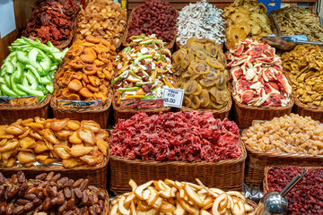 Great choice of dried fruits for sale at the Boqueria market in Barcelona