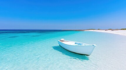 Naklejka premium Tranquil white boat on a pristine beach with turquoise water