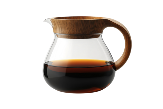 Elegant glass coffee carafe with a rich dark brew showcasing a sleek wooden handle against a black background The perfect addition to any on transparent background