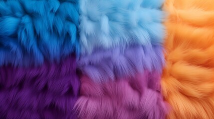 Closeup view of colorful faux fur fabric. Vibrant rainbow colors blend in wavy pattern. Soft texture background	