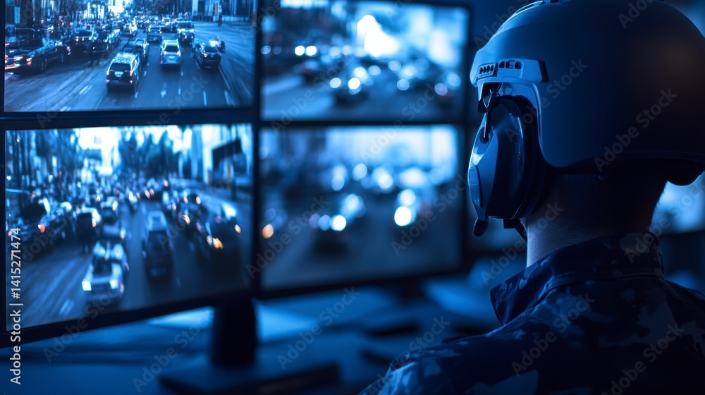 Poster security officer monitoring multiple screens displaying city traffic, nighttime setting.