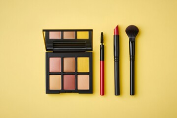 A closeup of decorative cosmetics accompanied by makeup brushes set against a yellow background