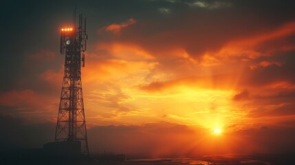 Obraz premium Silhouette of a tall communication tower against a vibrant sunset with orange and yellow hues. Dark, moody atmosphere.