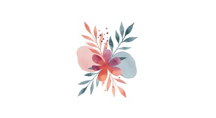 Naklejka premium Watercolor Flower Arrangement with Leaves and Abstract Shapes on White