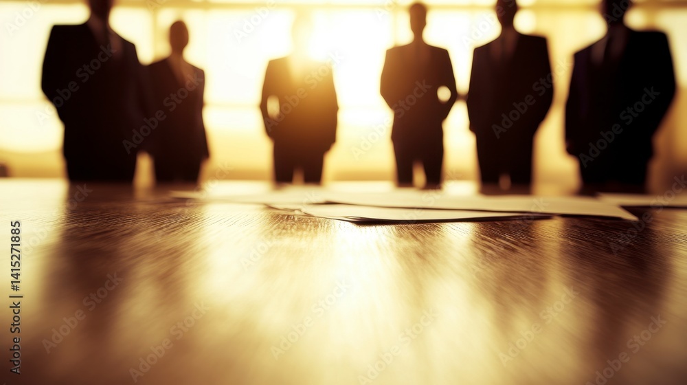 Poster silhouetted businesspeople stand near a conference table, sunlight streaming through a window behind