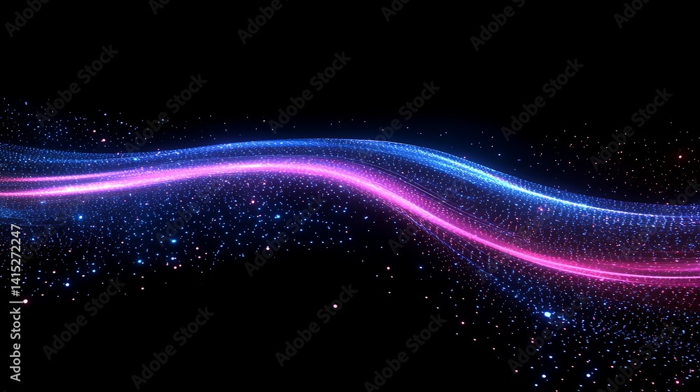 Poster glowing digital wave with particles, abstract digital wave with glowing particles on a black backgro