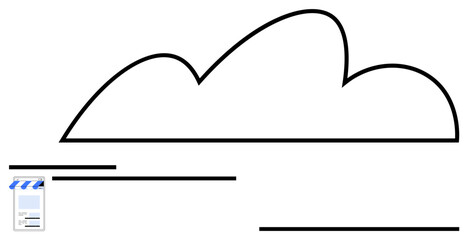 Black outline cloud above minimal storefront, representing online data storage, digital services, and virtual connectivity. Ideal for technology, business, innovation, e-commerce, IT solutions