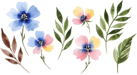 Watercolor Flowers and Leaves Illustration Elegant Floral Design Element