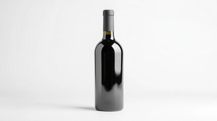 Fototapeta premium Single bottle of red wine on white background. Dark glass bottle with black cap. Studio shot.